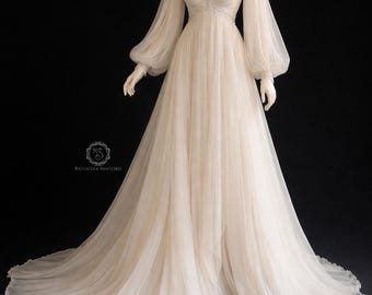 Diana Ethereal Off Shoulder Wedding Dress, Flowing Chiffon Bridal Gown, Boho Fairy Tale Dress, Romantic Long Sleeve Wedding Dress