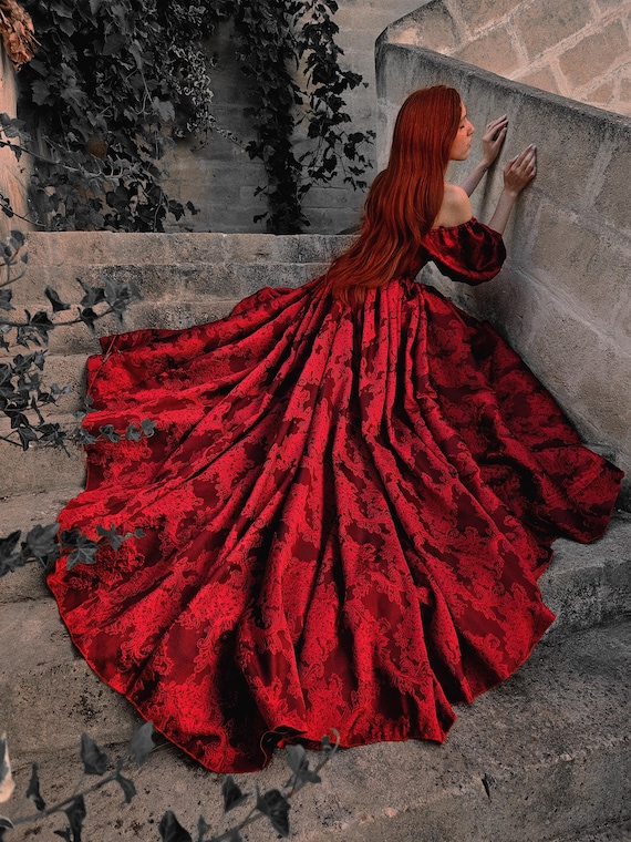 Crimson Lady Dress, Sweetheart Princess Brocade Red Dress With Puffy  Sleeves and Long Train, Fantasy Dress, Gothic Princess Dress - Etsy New  Zealand