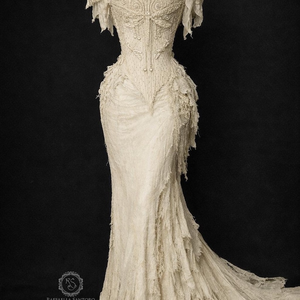 Vestido de Noiva Titania Ivory Fairy, Vestido de Noiva para o Bosque, Corpete com Espartilho, Vestido de Noiva Boho Fantasia com Cauda, Vestido de Noiva Gótico Romântico