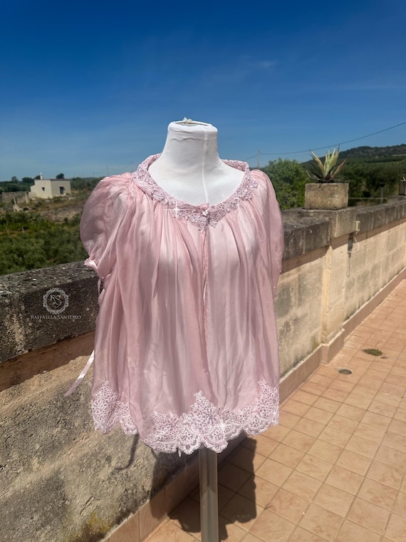 Pure Silk Chiffon Babydoll Robe, Pink Sheer Lace Trim Lingerie, Romantic Bridal Boudoir Cover Up, Handmade Luxury Nightwear Sabrina inspired