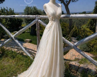 Flora Ethereal Bridal Gown Ivory, Draped Chiffon Wedding Dress, Deep V Back, Floral Details, Boho Romantic Style, Belle époque inspired