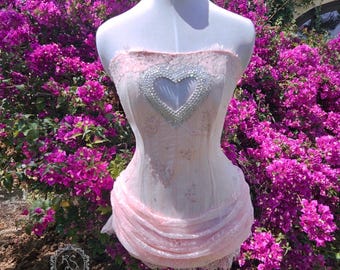 Heart dress with hand applied crystals Sabrina inspired, lace mini dress, heart cut corset dress, dress for party, celebrity inspired costume