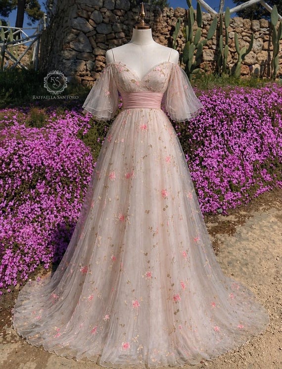 Lily Blush Pink and ivory Ball Gown Wedding Dress Embroidered Corset Bridal Dress, Fairytale Princess Wedding Gown, Floral Lace Dress