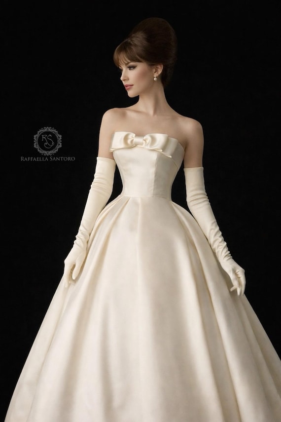 classic ivory dress Audrey Strapless Silk Mikado Ball Gown Wedding With Bow, Bridal Gown, Vintage Style Bridal, Elegant Handmade Bride Dress elegant classic wedding dress