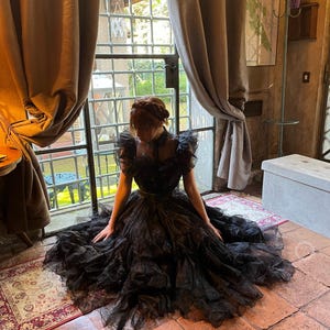 Gothic Halloween black organza dress with ruffles , Raven Prom Dress, Ball Gown, Victorian, Dark Academia dress, masquerade ball dress,