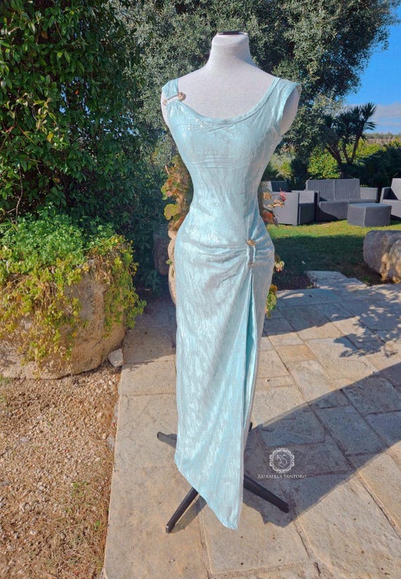 Sabrina Inspired Dress, Shimmering Ice-Blue Sequin Evening Gown, High-Slit Mermaid Silhouette, Figure-Flattering, Body-Skimming Silhouette