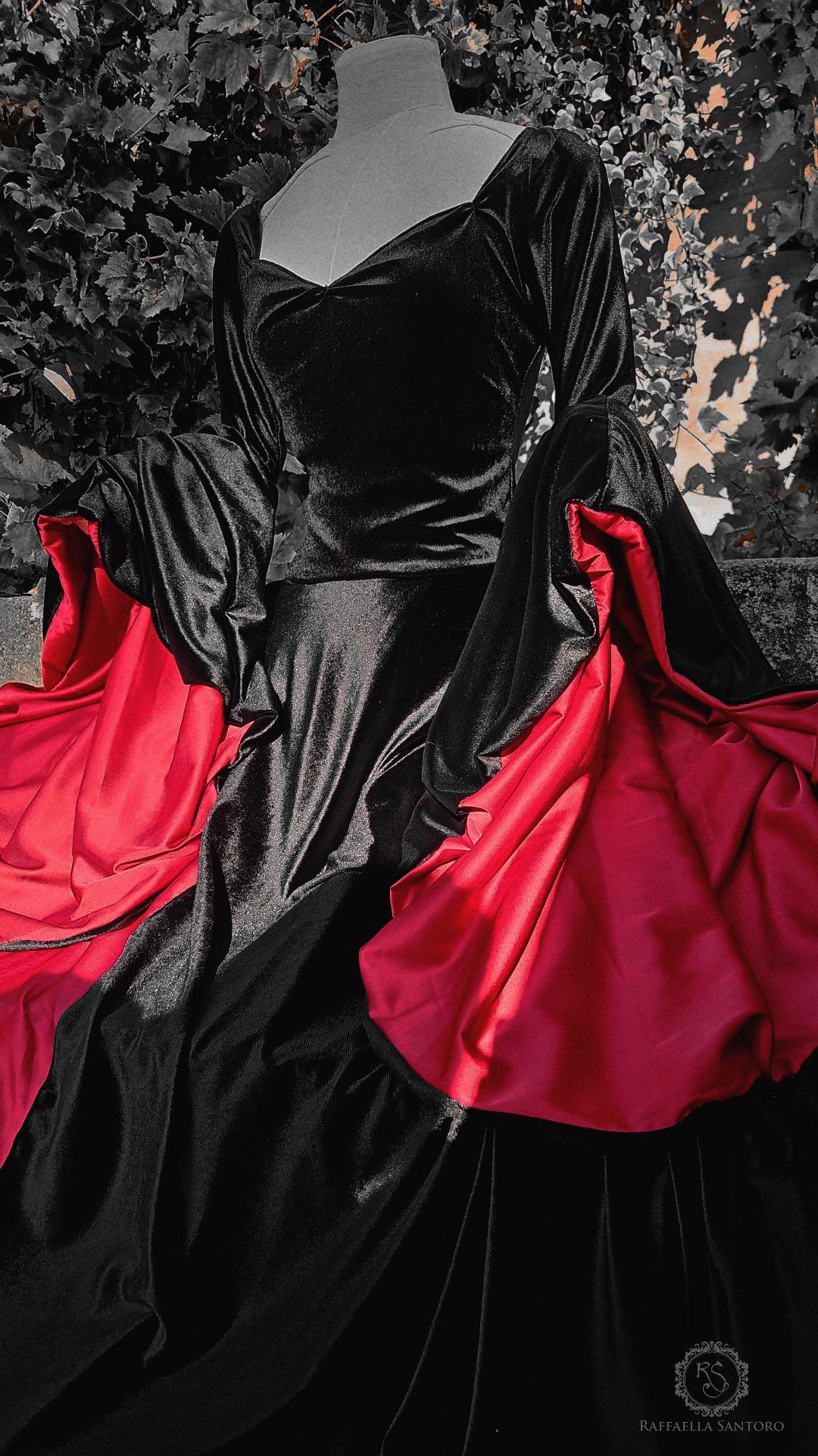 Gothic Velvet Witch Dress, Black Velvet Angel Sleeve Gown With