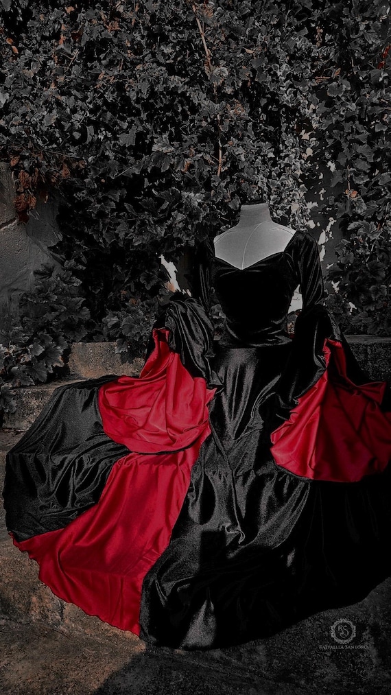 Gothic Velvet Witch Dress, Black Velvet Angel Sleeve Gown With