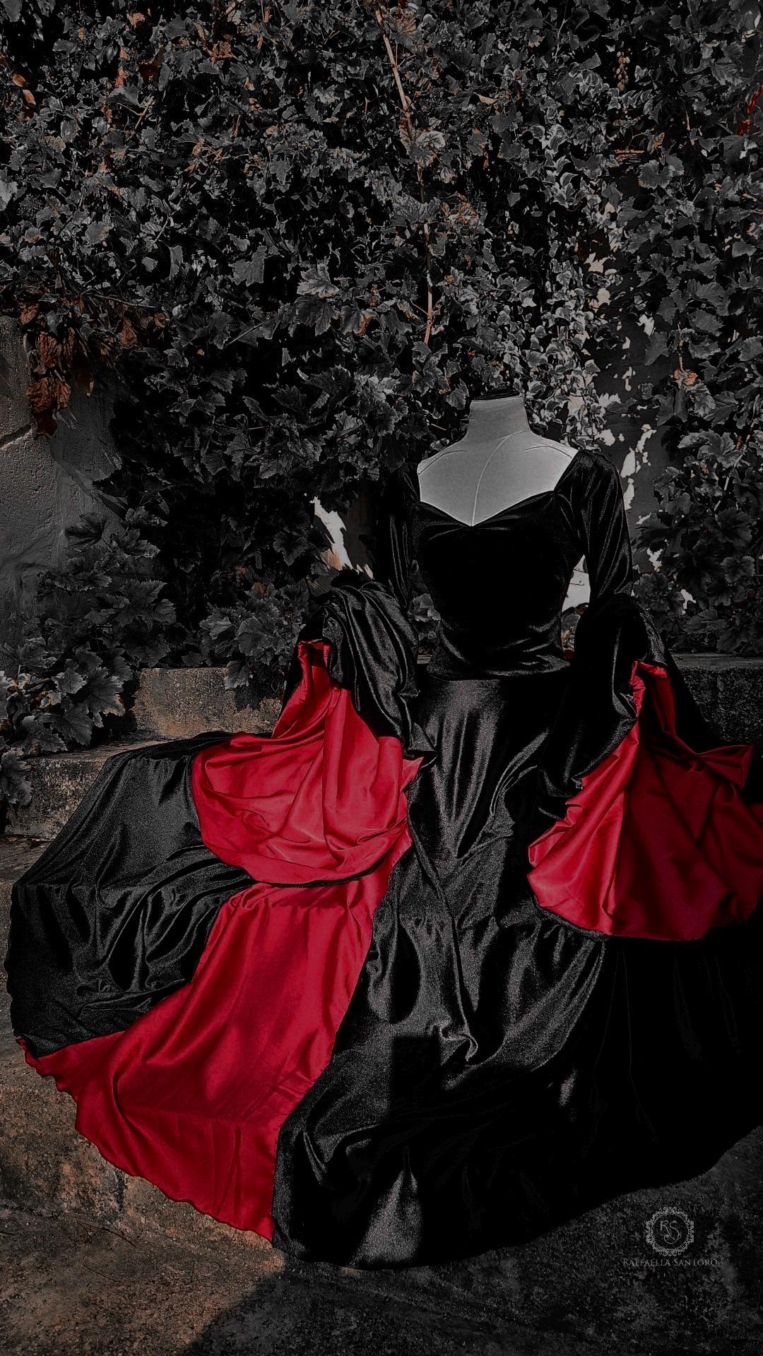 Gothic Velvet Witch Dress, Black Velvet Angel Sleeve Gown With