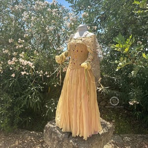 May include: A light yellow dress with a corset-style bodice adorned with floral embroidery and a flowing skirt. The dress is displayed on a mannequin atop a stone, surrounded by greenery and flowers. The dress has long sleeves and is made of a sheer fabric.