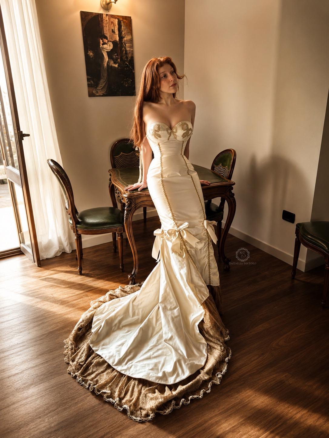 ivory brocade wedding dress Coquette Corset Gown, Off-shoulder Silk Bridal With Train, Mermaid Elegant Formal Couture, Hourglass Bridal Gown brocade wedding gown