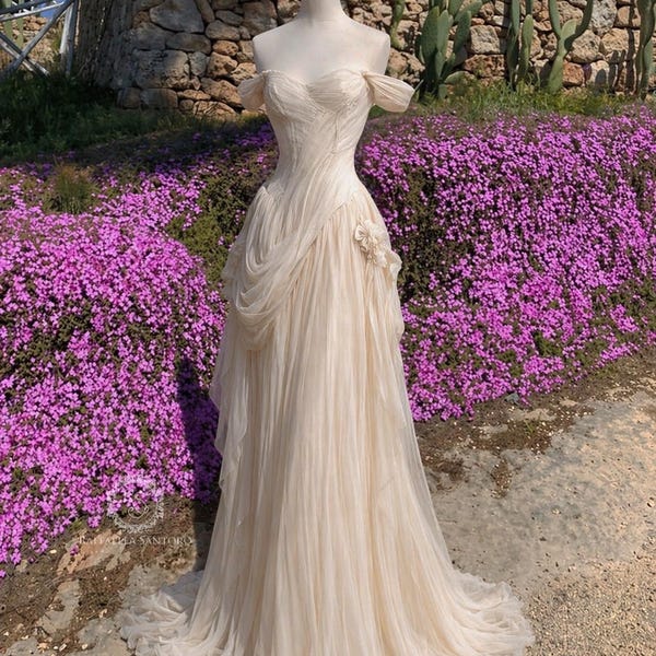 Nymph Romantic Off Shoulder Wedding Dress, Lace Up Back Bridal Gown, Fairytale Soft tulle A Line Bridal Dress, Boho Elegant Wedding Gown