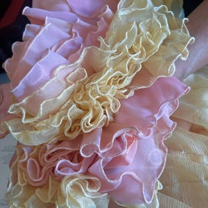 May include: Close-up of a layered fabric design with ruffled edges. The fabric features a combination of pale pink and cream colors. The ruffles create a textured, voluminous effect, suggesting a delicate and ornate textile.