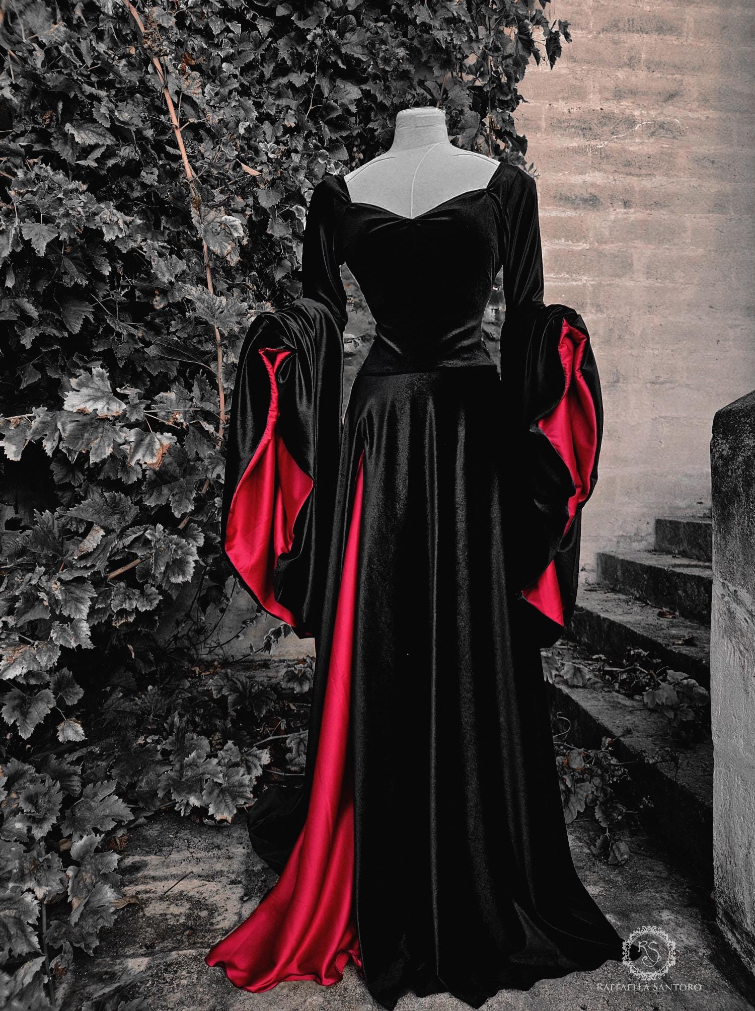 Gothic Velvet Witch Dress, Black Velvet Angel Sleeve Gown With