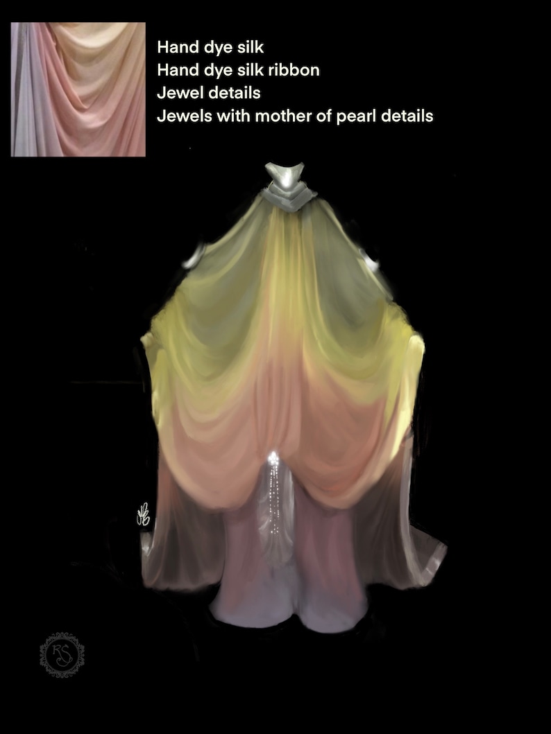 Puede incluir: Representaci&oacute;n art&iacute;stica de una prenda fluida en tonos amarillo, rosa y blanco, con detalles de joyas y acentos de n&aacute;car. La imagen incluye texto que dice: Seda te&ntilde;ida a mano, Cinta de seda te&ntilde;ida a mano, Detalles de joyas, Joyas con detalles de n&aacute;car.