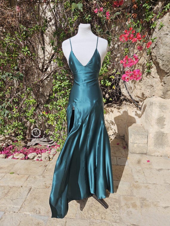 elegant satin dress Elegant Blue Silk Satin Sheath V Neck Spaghetti Straps Prom Dresses, MP1042