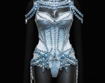 Body suit with hand applied crystals Sabrina inspired, lace bodysuit, burlesque body, costume for shows and party celebrity inspired costume