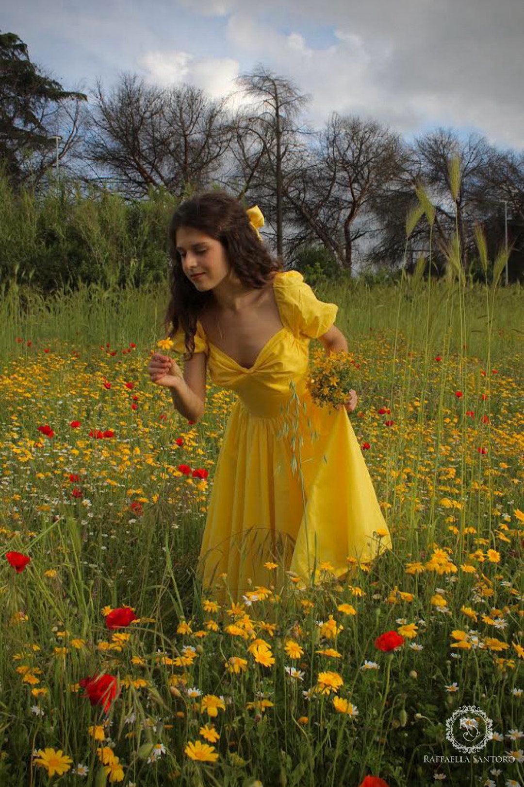 Lady Arianna, spring summer yellow fairycore dress with puffy sleeves and pockets, 100% percale cotton, picnic dress, cottagecore dress