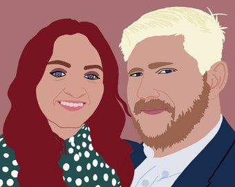 May include: Digital portrait of a couple with the text "The Furays" and the date "22.10.2021". The woman has red hair and a green and white polka dot top. The man has blonde hair and a beard, wearing a blue blazer.