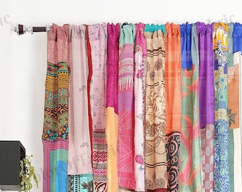 Lot de 2 rideaux indiens vintage en soie ancienne, multicolores, faits à la main, pour porte et fenêtre, décoration en patchwork, pour porte et fenêtre