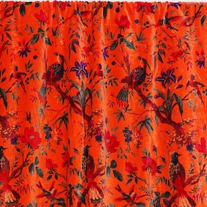 Vintage Cotton Velvet Coral Orange Color Bird Print luxury Curtain, Boho Curtain, luxury Drape Customized to Blackout Drapes, New Year Gift