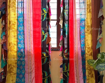 Rideau en soie sari fait main : Décoration de fenêtre patchwork bohème