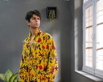 OFMD Yellow Bird Velvet Banyan Fabric Kimono Velvet Robe Long, Original OFMD break up robe Printed Kimono With Tassels