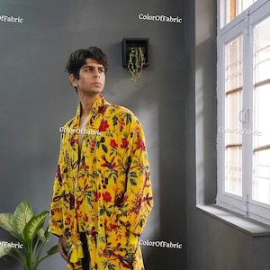 OFMD Yellow Bird Velvet Banyan Fabric Kimono Velvet Robe Long, Original OFMD break up robe Printed Kimono With Tassels
