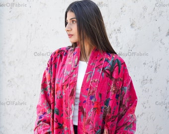 Kimono long en velours de coton et velours rose, style banyan, modèle original OFMD, imprimé avec pompons.