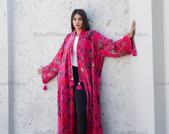OFMD Pink Bird Velvet Banyan Fabric Kimono Cotton Velvet Robe Long, Original OFMD break up robe Printed Kimono With Tassels