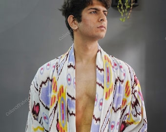 OFMD White Ikat Print Velvet Banyan Fabric Kimono Velvet Robe Long, Original OFMD break up robe Printed Kimono With Tassels
