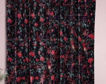 Vintage Cotton Velvet Black Color Bird print luxury Curtain, Boho Curtain, luxury Drapes Housewarming Gift