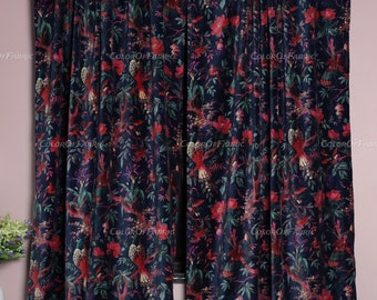 Rideau de luxe en velours de coton vintage bleu imprimé oiseaux, rideau bohème, rideaux de luxe, rideau occultant pour chambre, cadeau de pendaison de crémaillère