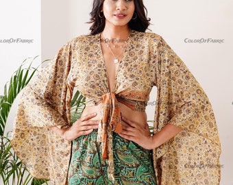 3 voies Bell Sleeve Tie Front Hippie Flower Boho Wrap Top, Vêtements de style années 70, Silk Retro Eco Top, Flare Sleeve Esthétique, Gypsy 70s Costume
