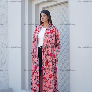 OFMD Pink Bird Velvet Banyan Fabric Kimono Cotton Velvet Robe Long, Original OFMD break up robe Printed Kimono With Tassels