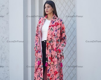 OFMD Pink Bird Velvet Banyan Fabric Kimono Cotton Velvet Robe Long, Original OFMD break up robe Printed Kimono With Tassels