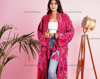 OFMD Pink Bird Velvet Banyan Fabric Kimono Cotton Velvet Robe Long, Original OFMD break up robe Printed Kimono With Tassels
