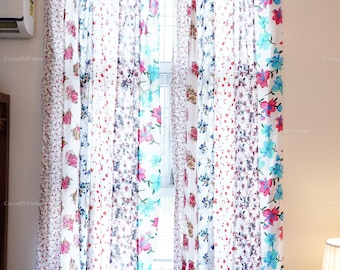 Boho Vintage White Patchwork Curtains, Micro Fabric Window Drapes, Decorative Living Room & Bedroom Curtain Panels