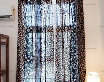 Boho Vintage Black Patchwork Curtains, Micro Fabric Window Drapes, Decorative Living Room & Bedroom Curtain Panels