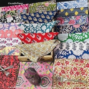 Set di tovaglioli assortiti, confezione da 50 tovaglioli stampati a mano, tovaglioli bohémien, tovaglioli da tavola in cotone abbinabili, fatti a mano in India.