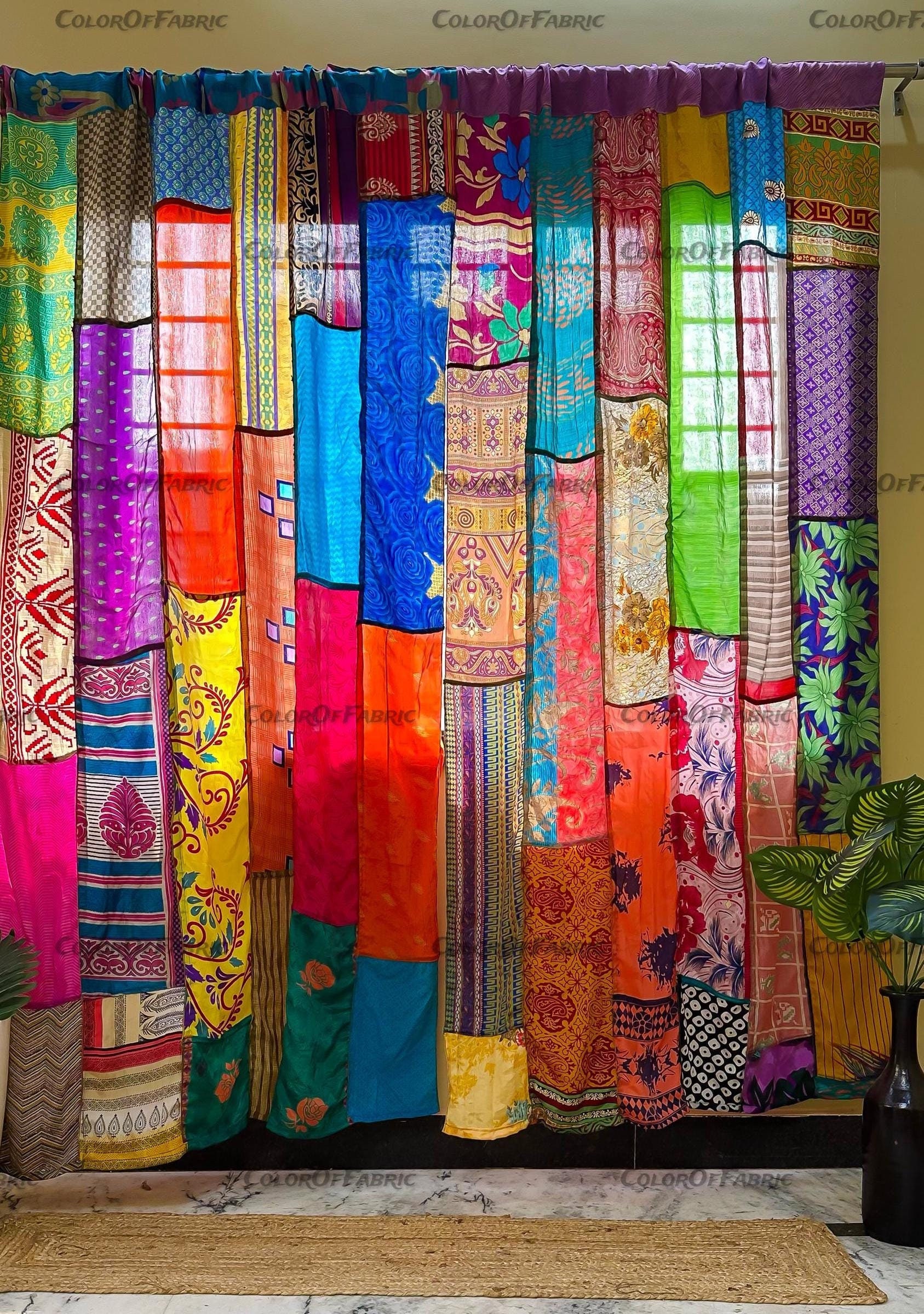 FREE SHIPPING - Indian Handmade Silk Saree Fabric Curtain Decorative Boho Hippie Curtain, Room Decor Patchwork Curtain, Window Decor Curtain