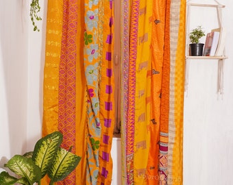 Lot de 2 rideaux indiens vintage en soie ancienne, couleur orange, faits à la main, pour porte et fenêtre, décoration patchwork