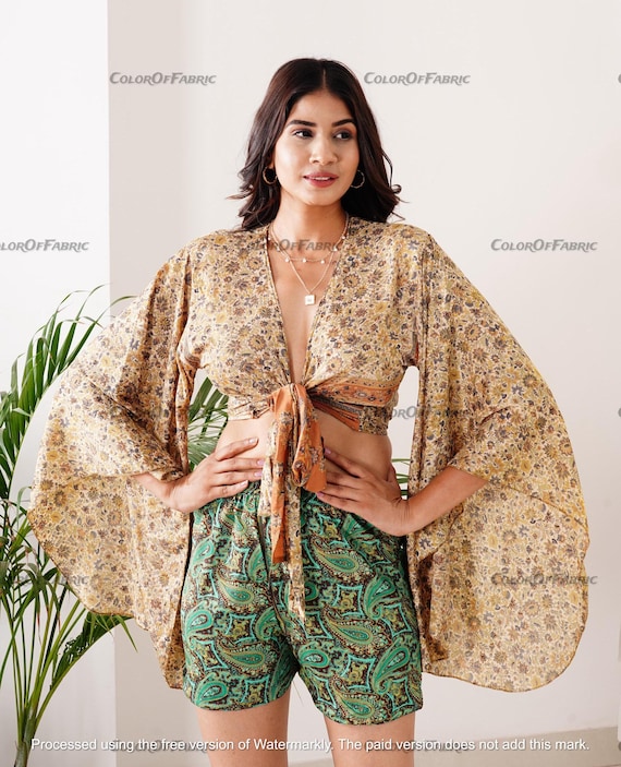3-way Bell Sleeve Tie Front Hippie Flower Boho Wrap Top, 70s Style Clothing, Silk Retro Eco Top, Flare Sleeve Aesthetic, Gypsy 70s Costume