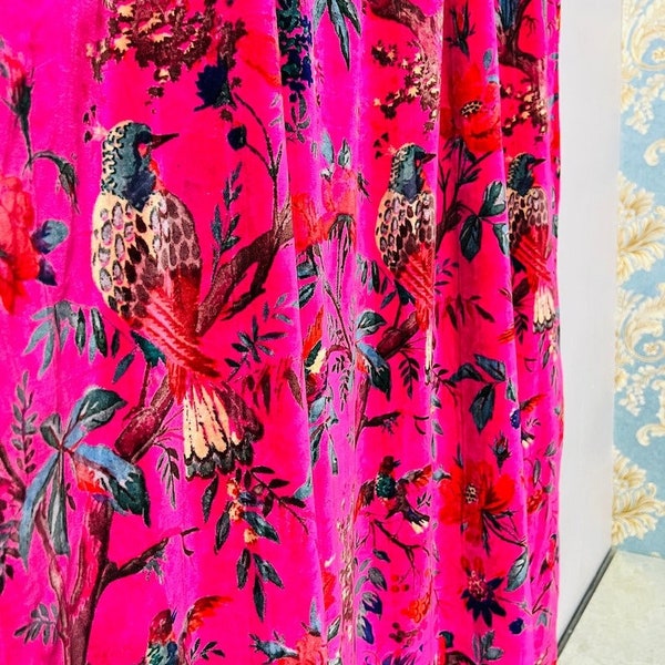 Vintage Cotton Velvet Hot Pink Color Bird print luxury Curtain, Boho Curtain, luxury Drapes Housewarming Gift