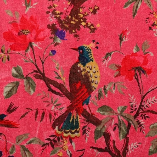 printed Velvet Fabric Indian Fabric Floral PINK BIRD Print Fabric upholstery Fabric fabric for lampshade fabric for curtain quilting fabric