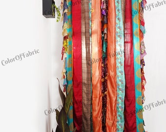 2 Pc Of Indian Vintage Old Silk Sari Multi color Handmade Patchwork Door Drape Window Home Decor Recycled Curtain