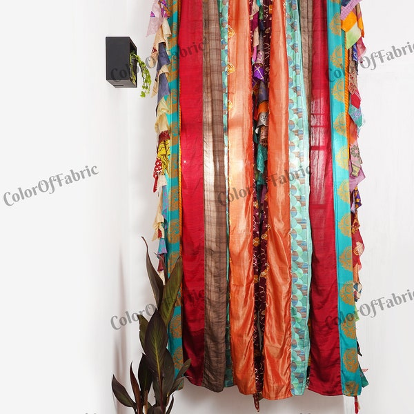 KRAAFTY Indian Old Silk Blend Sari Curtains - Unique Patchwork Window Drapes For Livingroom And Bedroom - Light Filtering Home Décor Curtains - 84 Inch Length, Blue Color - Foto 5