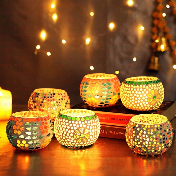 5 pcs Candle Holders Rustic Style Tea Light Holders Table Centerpiece Mosaic Glass Candle Stands Floor Lamps Light Multi color 3 Inches