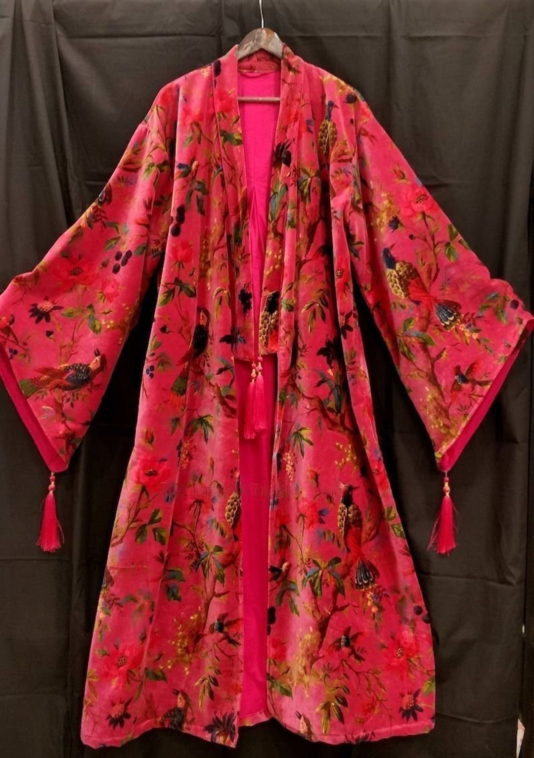 Pink Bird Velvet Banyan Fabric Kimono Cotton Velvet Robe Long, Original ...