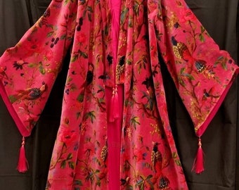 Pink Bird Velvet Banyan Fabric Kimono Cotton Velvet Robe Long, Original OFMD break up robe Printed Kimono With Tassels